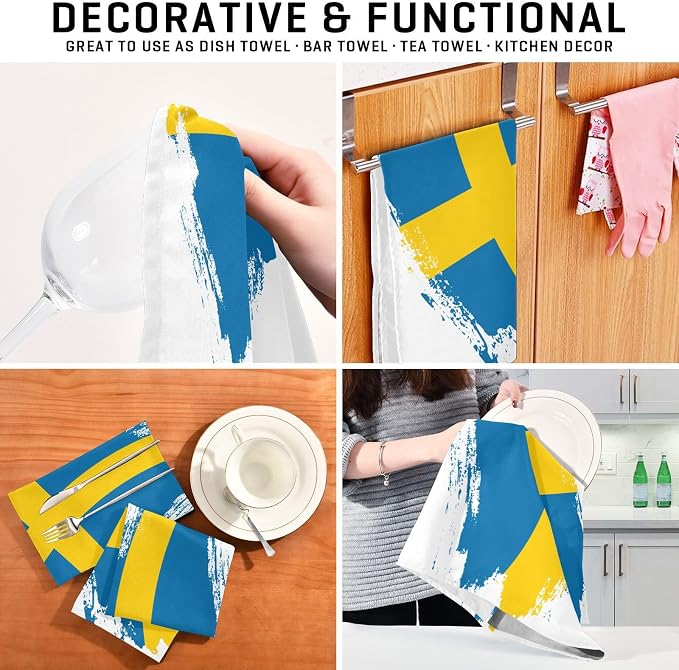 Swedish Flag Brush Stroke Kitchen Towels Set with Hanging Loop, Kitchen Hand Towels, Tea Towels, Premium Dish Towels for Kitchen, Quick Drying Kitchen Towel Set 18”x 28”