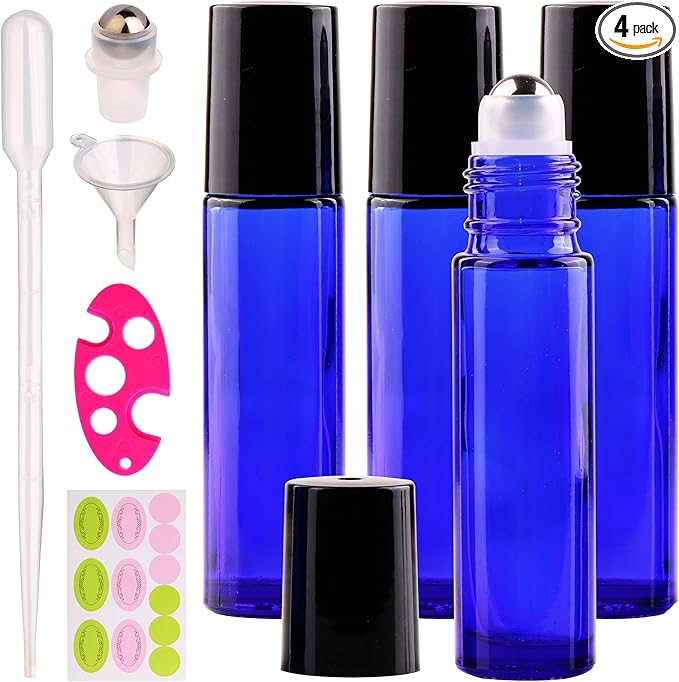 inice 4 Pack Essential Oil Roller Bottles 10ml Cobalt Blue Glass Bottles Stainless Steel Roll On Ball Applicator for Daily Care