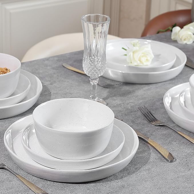 12pcs Ceramic Plate and Bowl Sets,Stoneware Dinnerware Sets,Service for 4,Ceramic Kitchen Dinner Set,Porcelain Dishes Set,Microwave&Dishwasher Safe,White