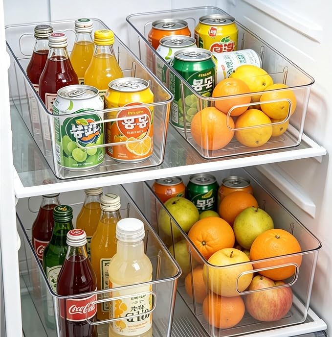 SPACELEAD 6 Pack Clear Pantry Organization Storage Bins with Dividers | Transform chaotic kitchen cabinets and refrigerators into a tidy food storage system. Easily find groceries and snacks.