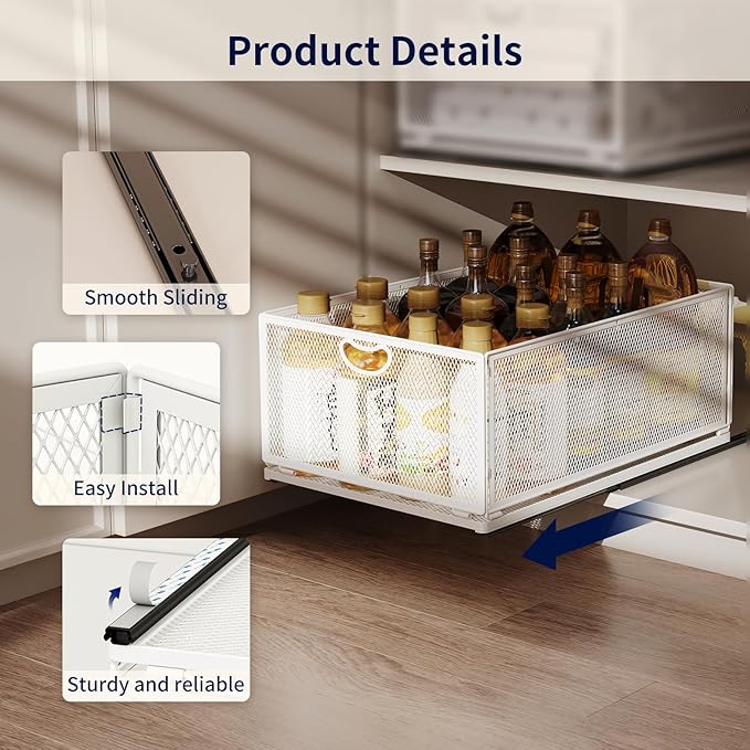 Pull Out Cabinet Organizer, No Drill Adhesive Sliding Drawers for Kitchen, Metal Mesh Wire Storage Shelf for Pantry & Under Sink, White (9.6" W x 11.8" D x 3.9" H)