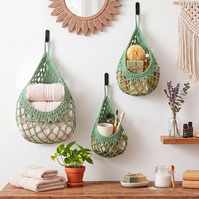 Honeydak Boho Decor Hanging Wall Baskets for Kitchen 3 Pack Teardrop Baskets with Hooks Storage Fruit Onion Vegetable Potato for Home 3 Sizes(Sage Green,Crochet,Cotton Rope)
