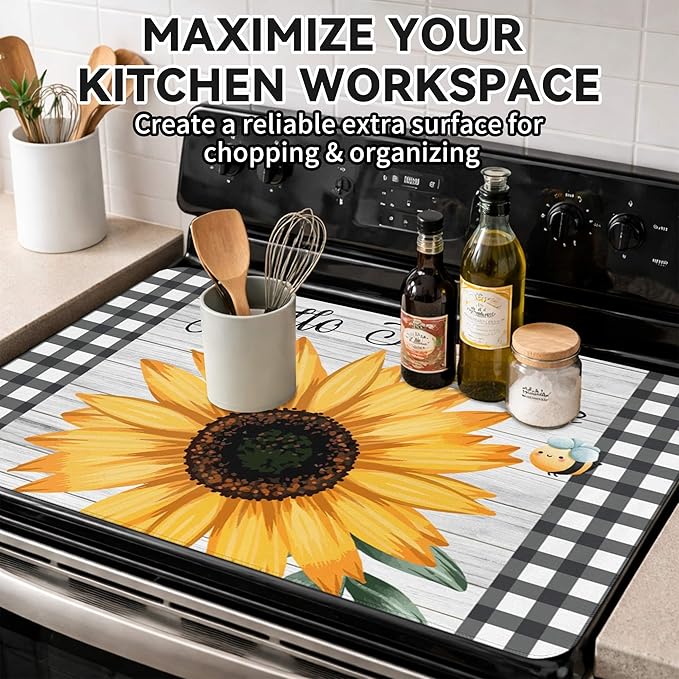 Decorative Stove Top Covers for Electric Stove 28"x20" – Heat Resistant Glass Cooktop Protector Dish Drying Mat – Non-Slip Rubber Backing Washer Top Cover Waterproof Extra Counter Space (Sunflower 1)