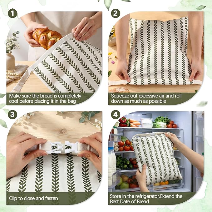 Reusable Beeswax Bread Bags for Homemade Bread Sourdough (2 Pcs 13x17in Bags + 10in Bowl Cover) Floral Cotton 100% Natural Beeswax Coating, Plastic-free Food Storage Wrap(Green Leaf)