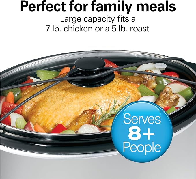 Hamilton Beach 7-Quart Portable Slow Cooker Serves 8+, Dishwasher Safe Crock, Lid Latch Strap for Travel, Brushed Silver