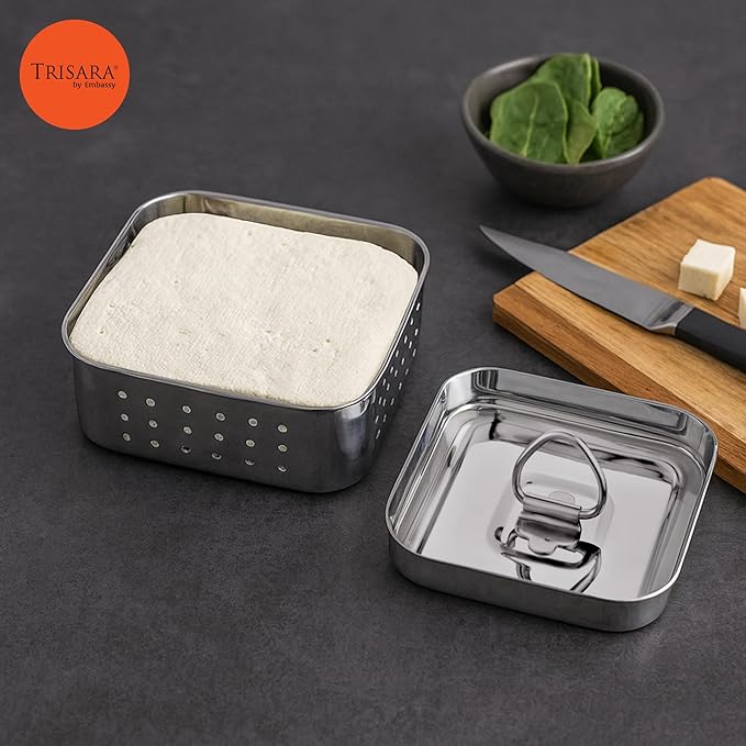Trisara Stainless Steel Square Paneer Maker/Mould with Lid | 12.5x12.5 cm |Size 3|Curd/Cheese/Tofu Maker | Strainer for Paneer/Tofu | Homemade Paneer Press/Machine