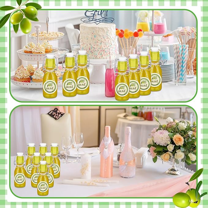 Queekay 20 Pack Mini Swing Top Glass Bottles for Vanilla Extract Homemade Olive Oil Bottles with Lids Airtight Cap Lids Labels for Wedding Baby Shower Favors (4 oz,Clear)