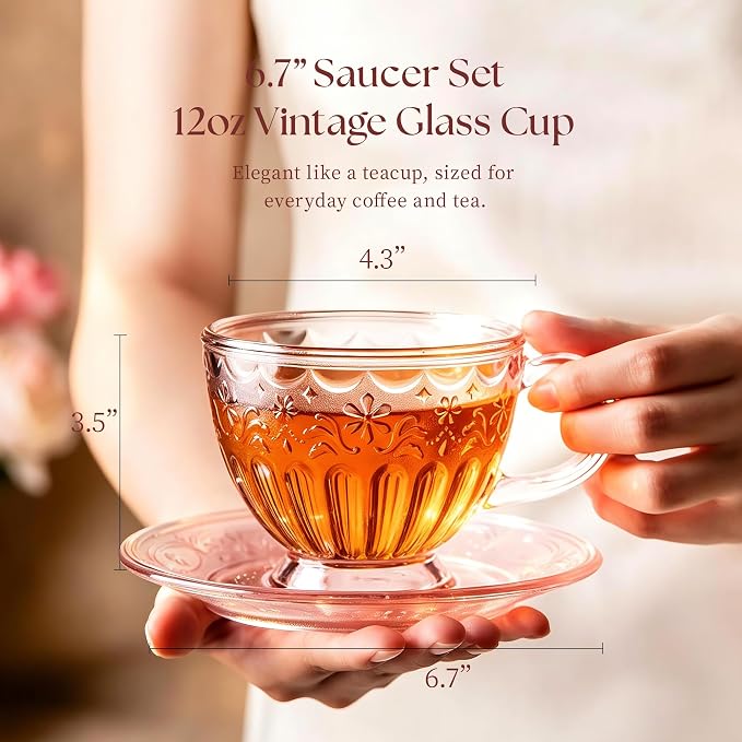 Handcrafted Vintage Glass Coffee Cup and Saucer Set, 12 oz Large Tea Cup with Round Saucer for Coffee, Latte, Tea & Home Cafe, Gift for Women, Microwave & Dishwasher Safe, Rose Mist Pink