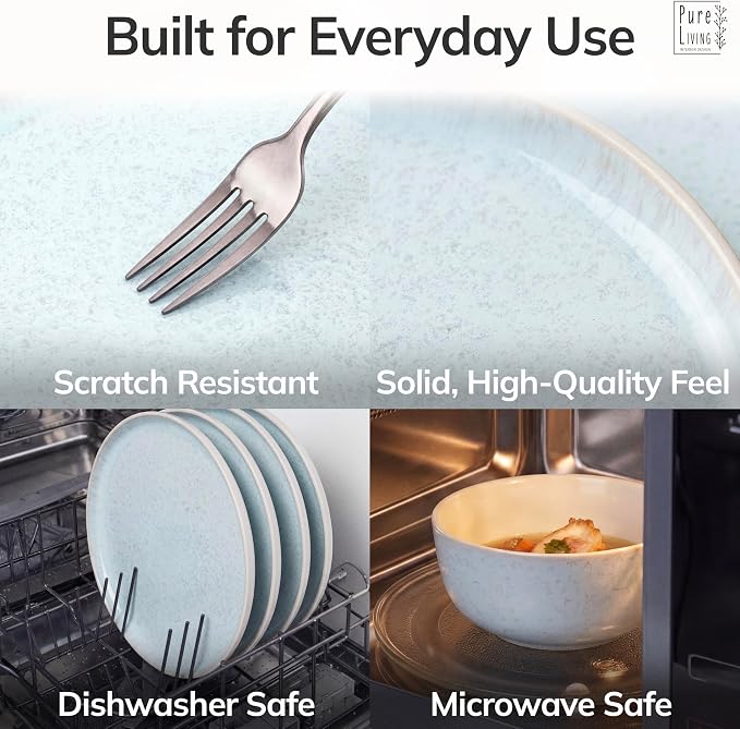 32 Piece Stoneware Dinnerware Set for 8 - Handmade Reactive Glaze Plates and Bowls Set - Chip & Scratch Resistant Dish Set - Dishwasher Microwave Safe - Light Beige & Blue