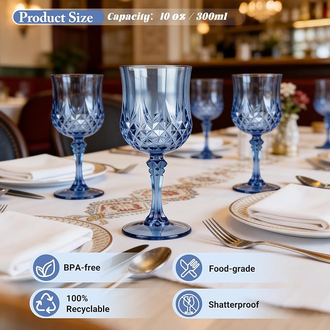30 Pack Plastic Wine Glasses,10oz Unbreakable Vintage Style Goblets,Reusable Crystal Like Drinking Glass for Wedding Reception, Party Supplies (Blue)