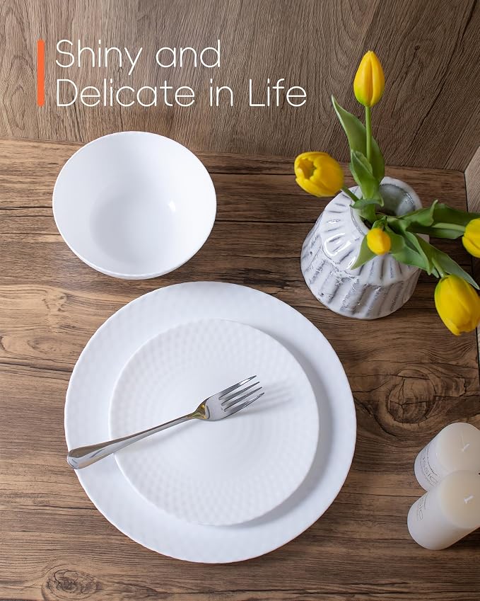 LaGlint Dinnerware Sets for 6, Light & Durable 18 Pieces Opal Glass Plates and Bowls Set, Dishwasher and Microwave Safe Ribbed Dish Dinning Ware, Thin but Strong Geometric Faceted White