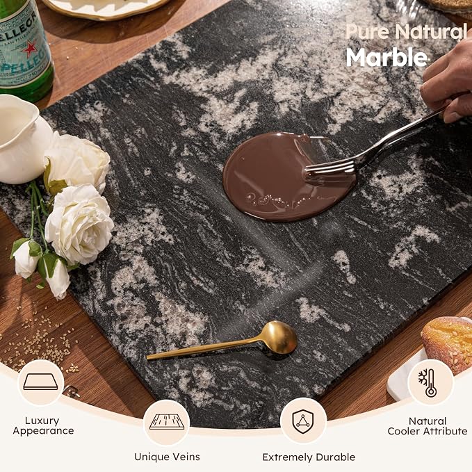 Diflart Marble Cutting Board for Kitchen, 16x16 Inch, Black, Non-Slip Feets | Natural Stone Slab Pastry Board for Baking, Cheese, Charcuterie, Dough, Chocolate, Pack of 1 Piece
