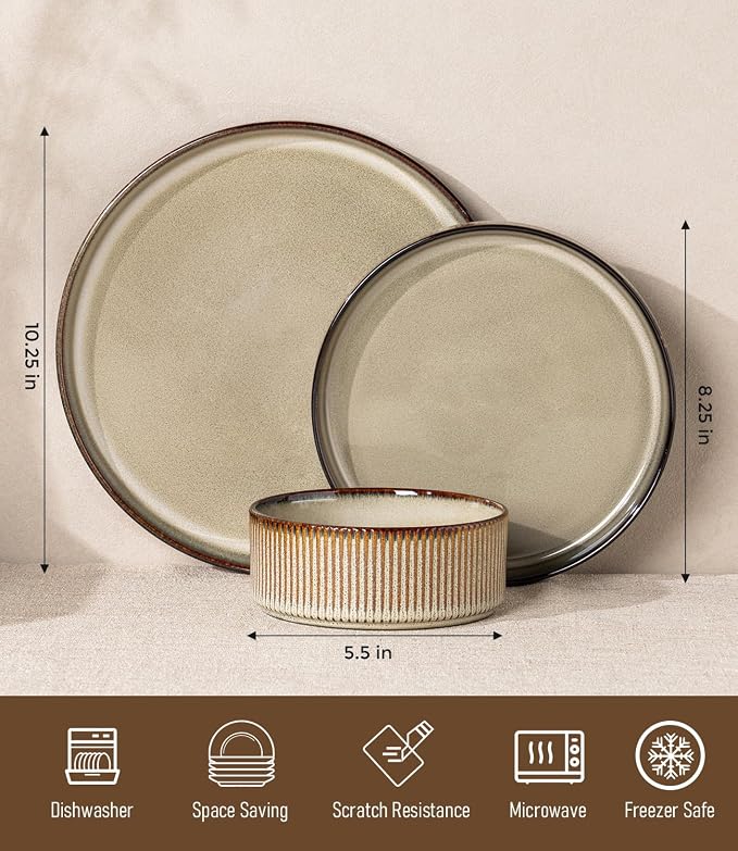 GBHOME Stoneware Dinnerware Sets for 4,12 Pieces Lightweight Ceramic Ribbed Plates and Bowls Set,Reactive Glaze Stackable Plate Sets,Scratch Resistant Dishes,Microwave &Dishwasher Safe, Smokey Taupe