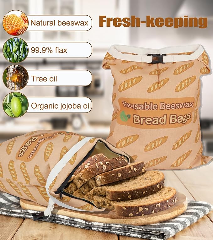 2 Pack Beeswax Bread Bags for Sourdough and Homemade Bread, Reusable Organic Linen Beeswax Bread Bag Eco-Friendly Fresh Food Storage, Moisture Lock– Freezer-Friendly with Sealing Zip (13x17in, XL)