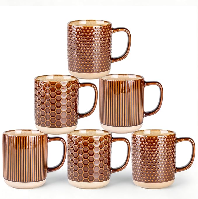 GBhome Large Coffee Mugs Set of 6, 16oz Handmade Stoneware Coffee Mugs Set with Large Handle for Cappuccino/Latte/Tea/Hot Cocoa, Dishwasher & Microwave Safe, Caramel