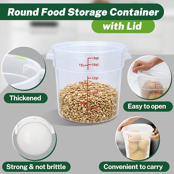 4 Pack 18 Qt Round Food Storage Containers with Lids, Translucent | Translucent containers with lids, easy-read scale, labels and measuring cups; stackable for prep, storage and freezer use.