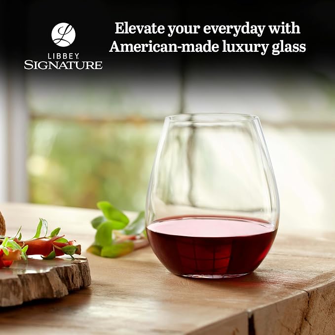 Libbey Signature Red Wine Glasses Set of 4, Elegant, Dishwasher Safe Glass Stemless Wine Glasses, Elegant Wine Glasses for Weddings, Birthdays & More