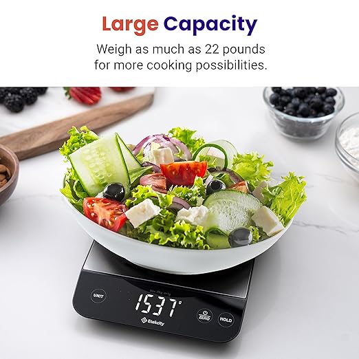 Etekcity 22lb Food Kitchen Scale, USB Rechargeable, IPX6 Waterproof | Digital scale with grams & ounces, 1g precision, 5 weight units, tare, ideal for baking, meal prep, Stainless Steel, Silver