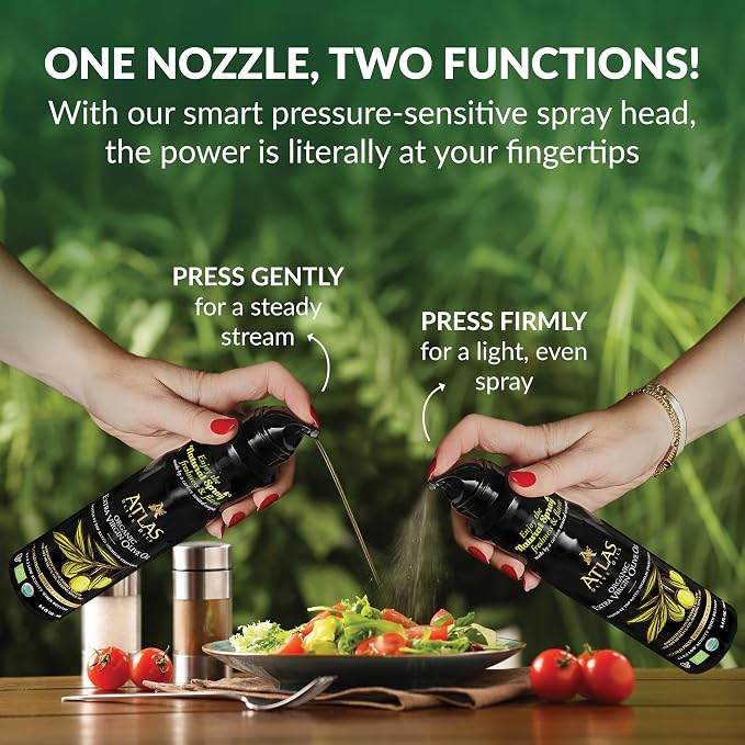 Olive Oil Spray by Atlas, Dual Function Olive Oil Cooking Spray and Stream, 5.4 fl oz, 6 Pack, Extra Virgin, Non Stick, Cold Pressed, Polyphenol Rich, Organic Moroccan EVOO, Hydroxytyrosol, Keto