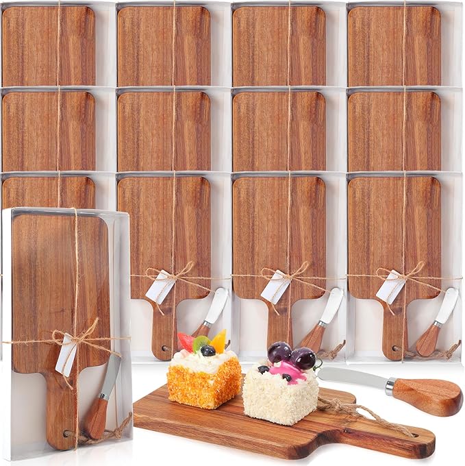 Geetery 12 Set Charcuterie Boards Bulk Acacia Wood Mini Cutting Board Gift Set with Knives, Gift Box, Card Small Cheese Serving Tray Board for Bridal Baby Shower Wedding Housewarming Favors(12 Inch)