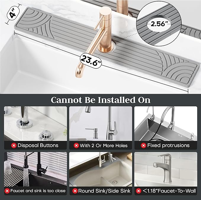 Faucet Mat for Kitchen Sink, 23.6" Diatomite Drying Stone Mat Protector, Sink Faucet Mat Splash Guard, Absorbing Stone Tray for Kitchen Bathroom Counter