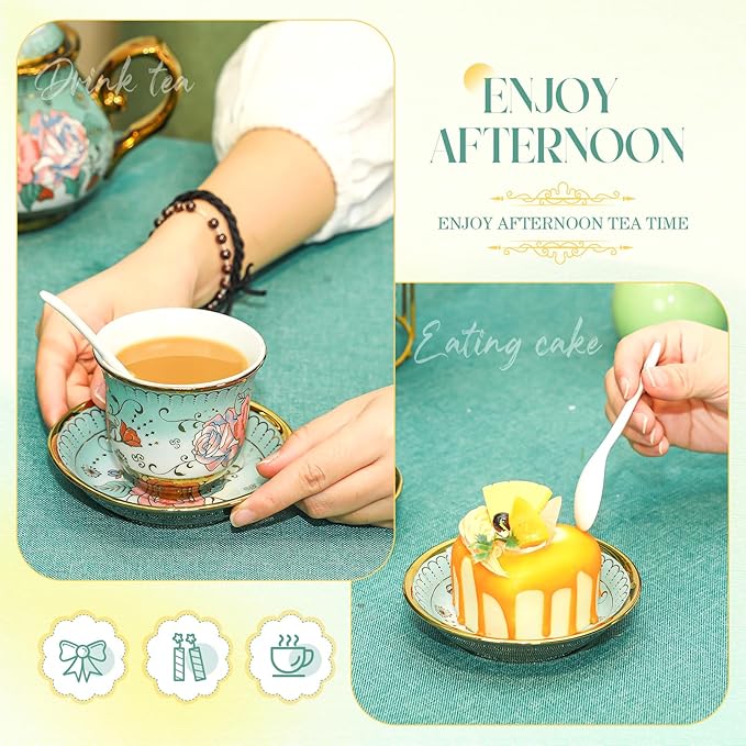 20 Pcs Porcelain Tea Set for Adults with Metal Holder and Spoon European Ceramic Tea Party Set Flower Painting Teapot Cup Saucer for Women Gift, Serving 6 People(Modern)
