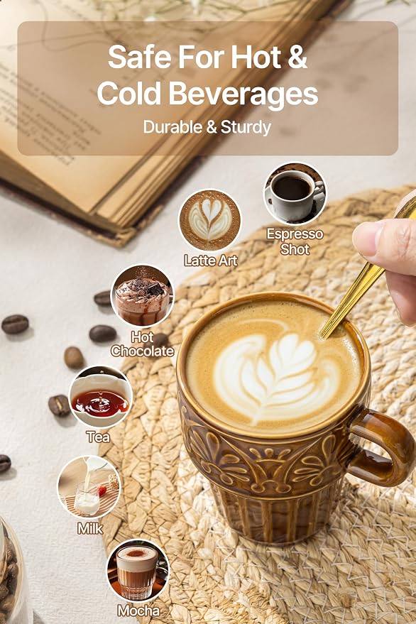 Ceramic Coffee Cups, Coffee Mugs Set of 4, 12 OZ Ceramic Mugs, Stackable Mug, Brown, Microwave & Dishwasher Safe for Hot Drinks Cocoa Latte, Perfect for Daily Use Gathering & All Holiday Gifts