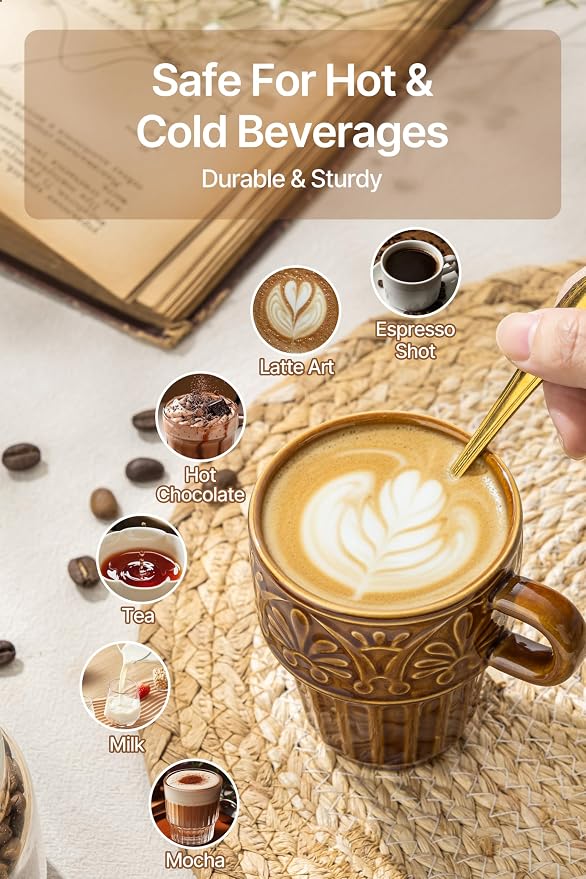Espresso Cups Set of 6, Cappuccino Cups, Stackable Mug 6 OZ Ceramic Coffee Mug, Microwave & Dishwasher Safe, Tea Cocoa for Family Daily Use & Gathering, Great Gift for Any Special Occasion, Brown