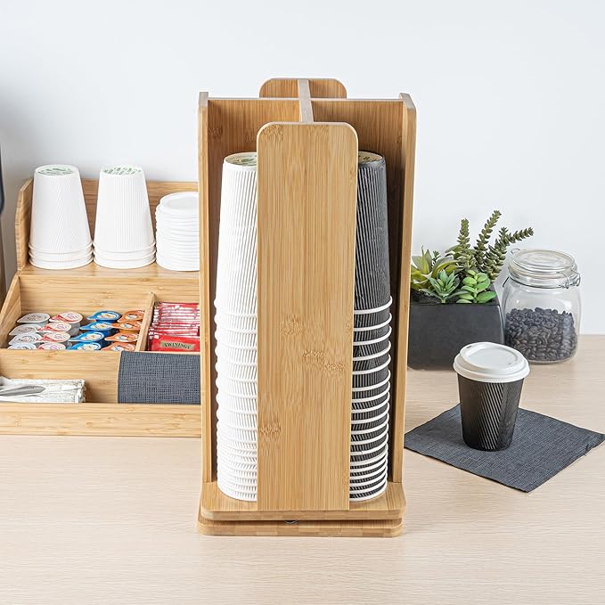 Restaurantware Restpresso 9 x 18 Inch Coffee Cup and Lid Organizer 1 Revolving Cup and Lid Holder - 4 Section Countertop Natural Bamboo Cup and Lid Dispenser For Restaurants Homes or Offices