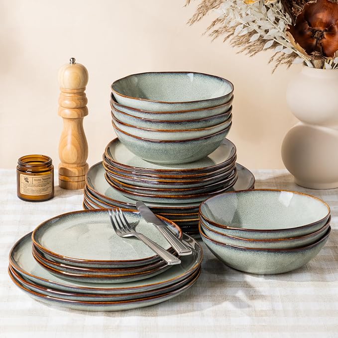 GBHOME Stoneware Dinnerware Sets for 8, 24 Pieces Rustic Earthenware Plates and Bowls Set, Handmade Reactive Glaze Ceramic Plate Sets, Chip Resistant Dishes, Microwave & Dishwasher Safe, Earthy Sage