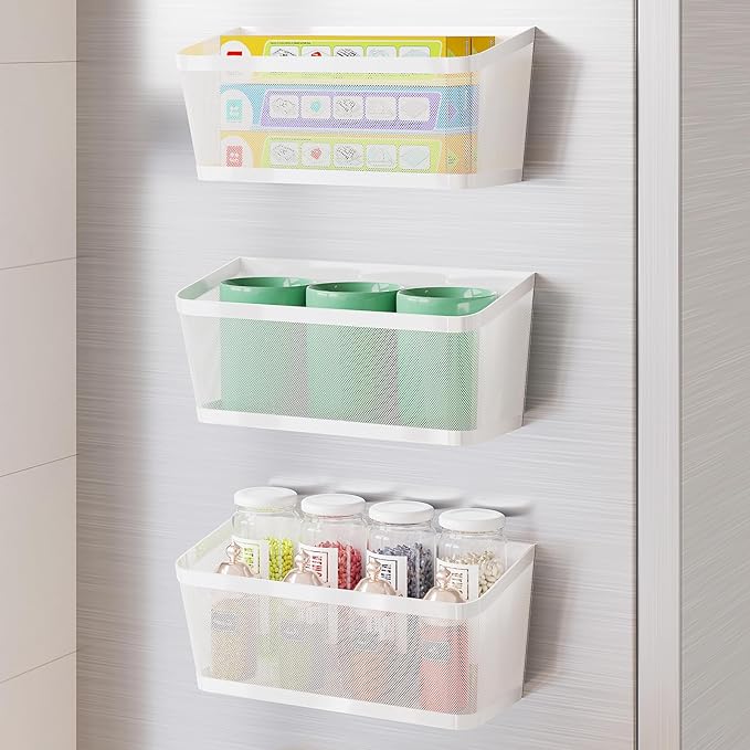 3 Pack White Metal Magnetic Spice Rack for Refrigerator, Heavy Duty Magnet Shelf for Fridge, Drill Free Mesh Organizer Basket for Kitchen, Pantry, Laundry Room, Garage