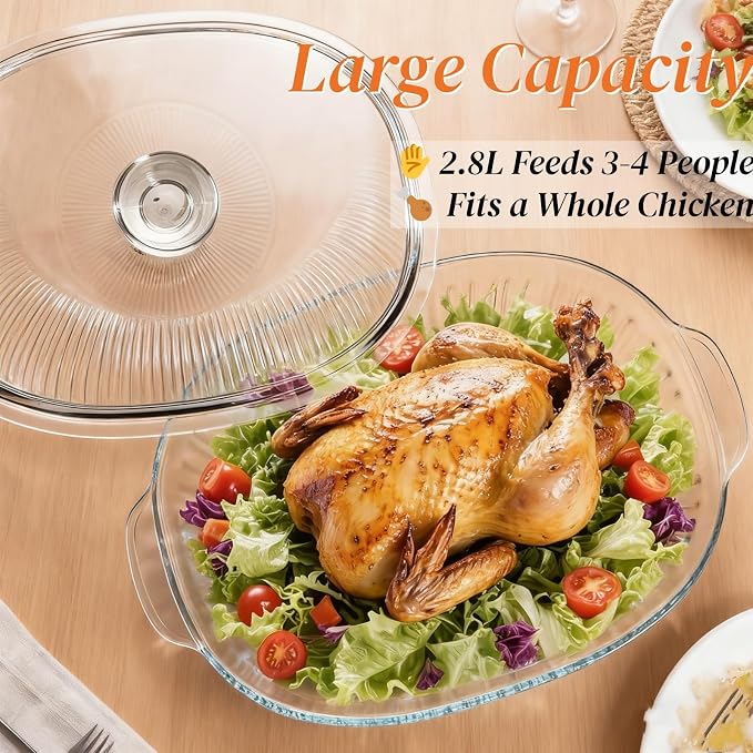 Noamus 2 Pieces 3Qt Glass Casserole Dish with Lid, Extra Large Oval Glass Baking Pan, Heat-Resistant Covered Lasagna Cookware, Clear Deep Food Container, Mixing Bowl for Cooking, Oven&Microwave Safe