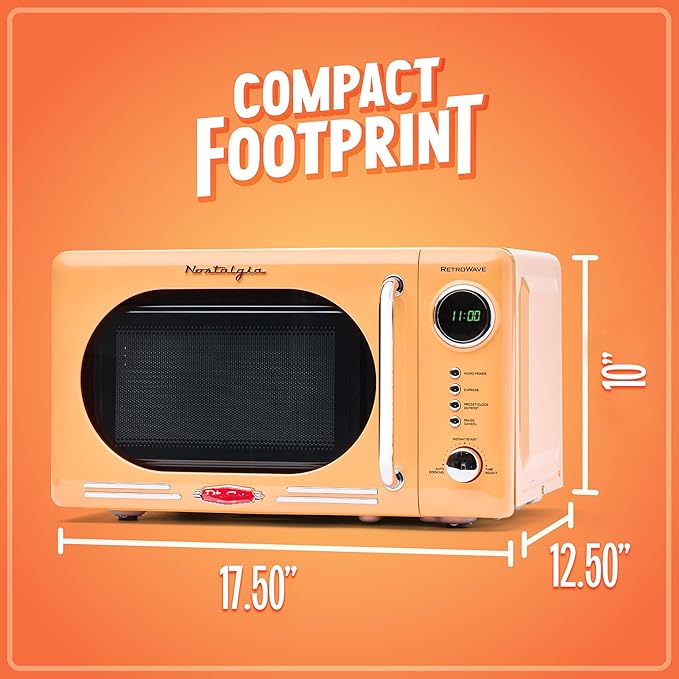 Nostalgia Countertop Microwave Oven with Easy Clean Interior- Retro Microwave with LED Display & Child Lock- Compact 0.7 Cu. Ft Oven With 12 Pre-Programmed Settings for any kitchen-700-Watts-Orange