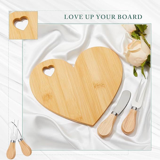 Patelai 1 Set Bridal Baby Shower Favor Heart Cheese Board with Knife, Wood Mini Charcuterie Board Thank You Gift Box for Guest Bridal Baby Shower Prize Wedding Valentines Birthday (Bamboo Color)