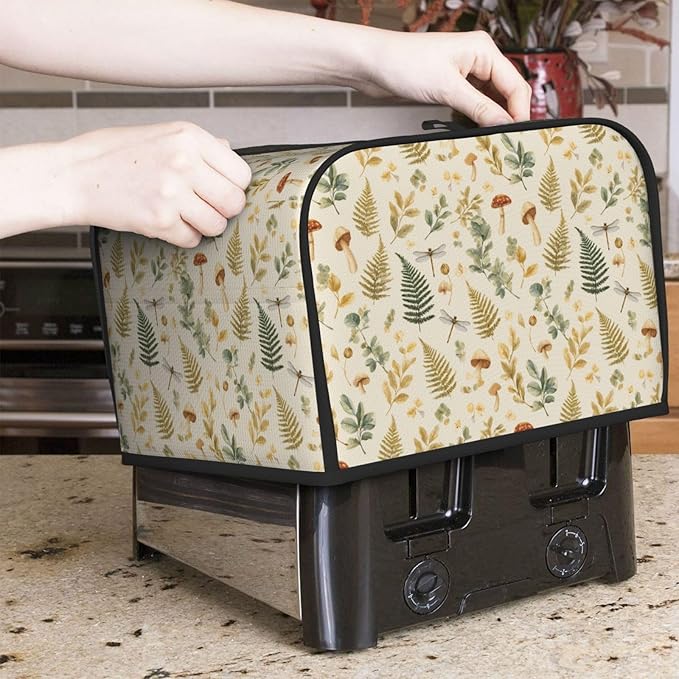 4 Slice Toaster Cover for Kitchen Mushroom Botanical Leaf Vintage aterproof and Dustproof Toaster Dust Cover with Side Pockets Decorative Universal Cover for Wide Slot Toasters and Small Appliances
