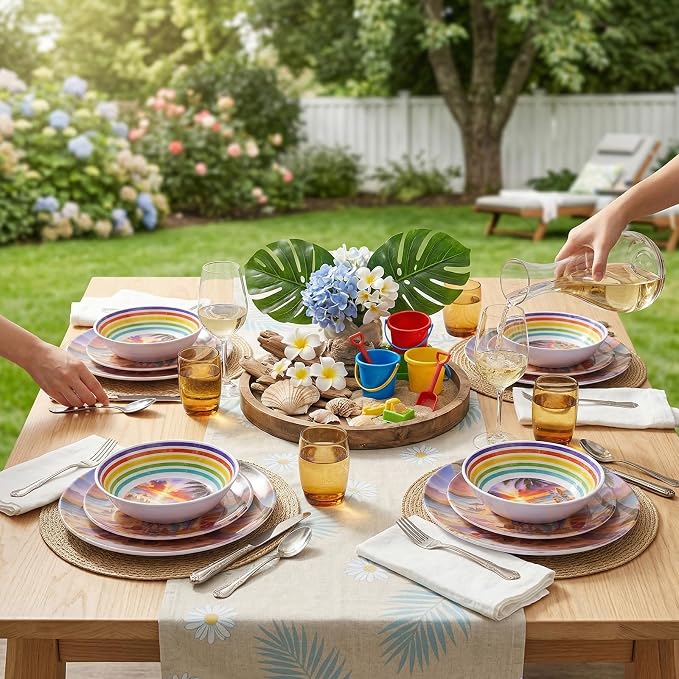 12 Piece Melamine Plates and Bowls Set, Beach Sunset | Melamine Dinnerware Set，Service for 4, Unbreakable, Stackable & Lightweight, Indoor & Outdoor Us