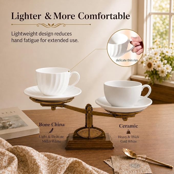 Fine Bone China Cappuccino Cups with Saucers Set of 2, 7 Oz Lightweight Coffee Tea Cups, Spiral Pattern Espresso Cups for Latte, Mocha, Macchiato, Afternoon Tea Gift