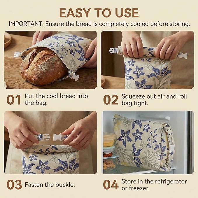 Beeswax Bread Bags for Sourdough & Homemade Bread (2 Pack), XL 13"x17" Large Reusable Cotton & Linen Bread Bag, Keep Loaves Fresh Longer, Natural & Easy to Clean (Classic Blue Floral)