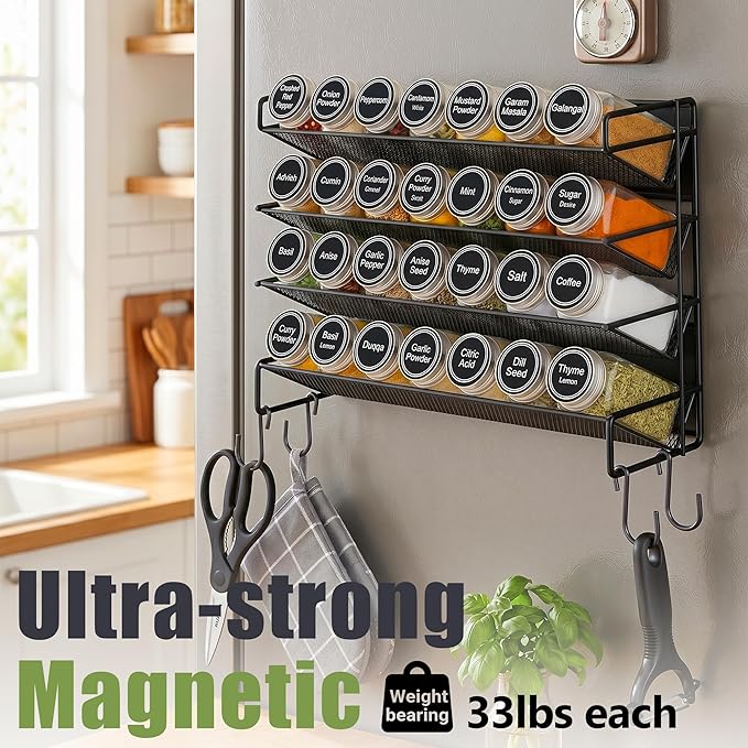 UVIAHOMI Magnetic Spice Rack Organizer for Refrigerator with 28 Spice Jars, 386 Spice Labels, 4 Hook, Chalk Marker and Funnel Set, Magnetic Shelf for Seasoning Organizer, 13.2'' W x 9.8 H, Black