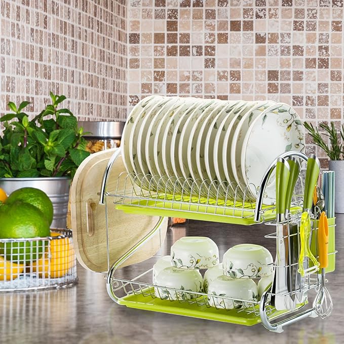 Double-Layer Dish Rack with Bowl Container, Iron Kitchen Utensils Holder, Multifunctional Draining Rack Over Sink Drying and Kitchen Storage, Green