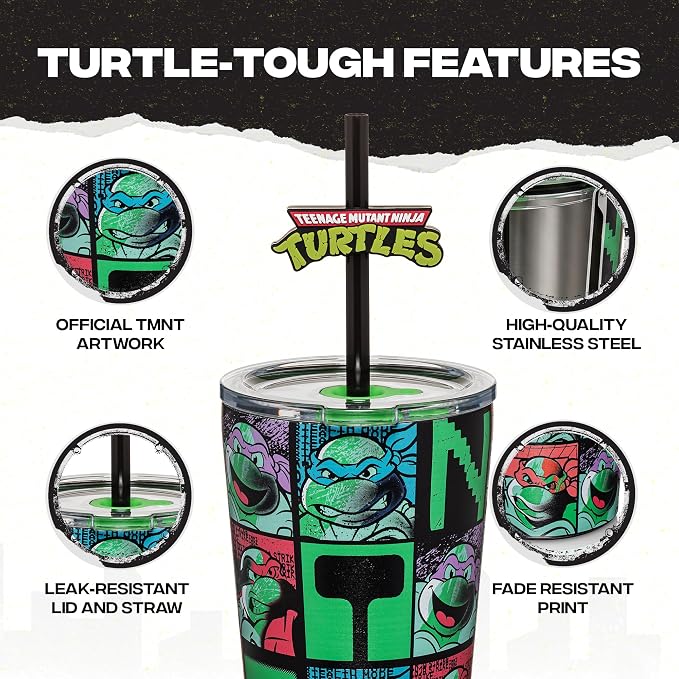 Dragon Glassware x Teenage Mutant Ninja Turtles Insulated Tumbler, 16 oz | Vacuum Insulated Stainless Steel Tumbler with Straw & Lid; Double Walled TMNT Tumbler with Straw Topper; Ninja Turtle Cup