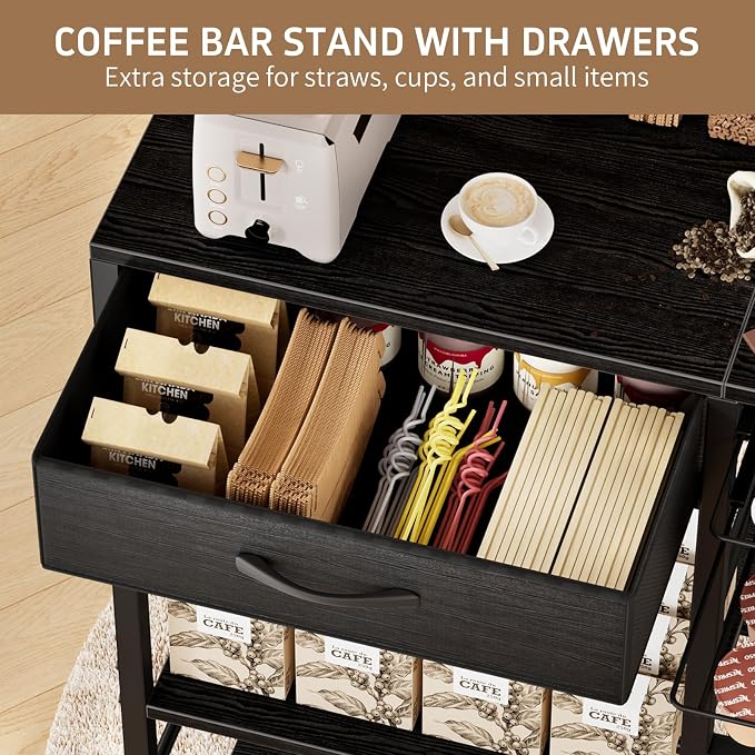 Coffee Bar with Integrated Storage,5-Tier Coffee Bar Cabinet with Drawers,Kitchen Coffee Bar Table with 2-Layer Capsule Drawer,for Living Room and Corner Kitchen Bar Table,Black