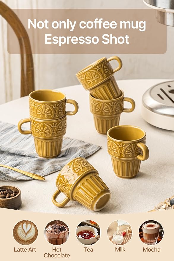 LYEOBOH Small Coffee Mug Set of 6, Stackable Mugs 3.3 OZ Ceramic Espresso Cups, Microwave & Dishwasher Safe Coffee Mugs Cups for Coffee Tea Cocoa, Modern Design for Home Kitchen, Housewarming, Khaki