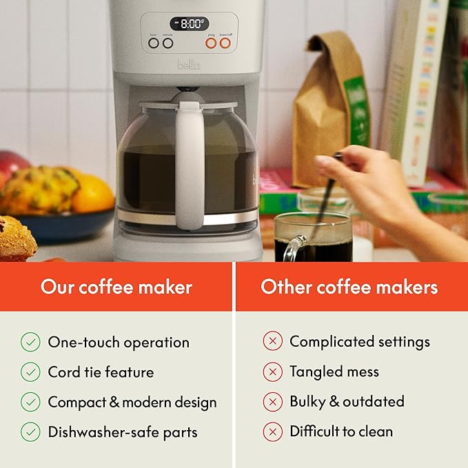 BELLA 12 Cup Programmable Coffee Marker, Reusable Dishwasher Safe Accessories, Easy LCD diaply, Auto Shutoff, 900 watt, Oatmilk