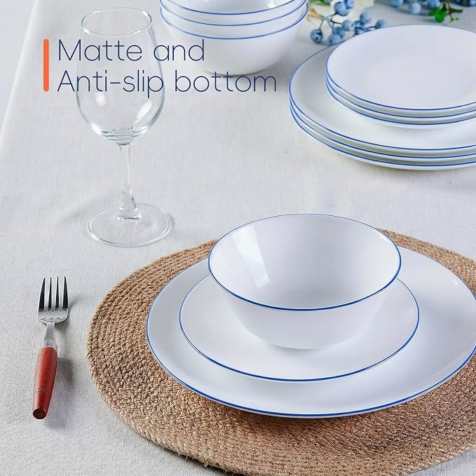 Dinnerware Sets for 4, LaGlint 12 Pieces Opal Glass Plates and Bowls Set, Dishwasher and Microwave Safe Dish Dinning Ware Set, Chip and Scratch Resistant Dishware Sets Hand Painted Navy Blue Rim