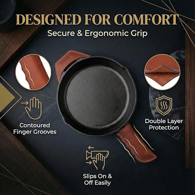 Proudly Made in Georgia from Full Grain Leather - Leather Cast Iron Handle Cover, Set of 2 - Heat Resistant Cast Iron Handle Sleeve for Skillets - Pot Holder for Hot Frying Pans, Pots