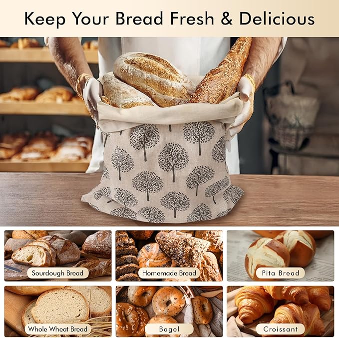 Sourdough Bread Bags & Proofing Bowl Covers, 2 Pack Reusable Beeswax Bread Bag with Cotton Sourdough Bowl Cover, Bread Bags for Homemade Bread to Keep Fresh Longer