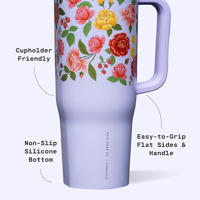 Corkcicle x Rifle Paper Co. Cruiser Insulated Tumbler with Handle & Straw - Keeps Drinks Cold 20 Hours - BPA-Free - Gift for Mom - Great for Mother's Day or Christmas - 40 oz - Roses Purple