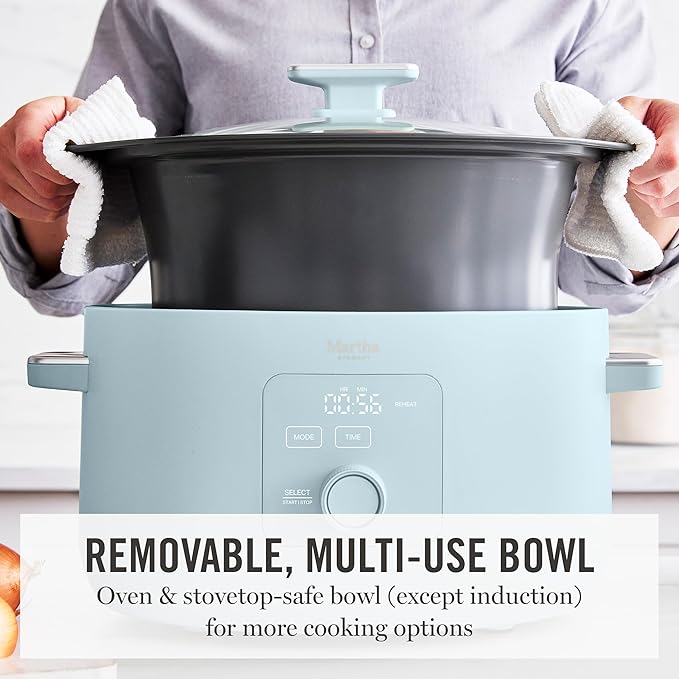 Martha Stewart 8 QT Slow Cooker, Programmable with Timer, 3 Heat Settings (Low, High, Warm), Nonstick Ceramic Removable Crock, Stovetop & Oven Safe, Glass Lid, Simmer, Reheat, Warm, Sky