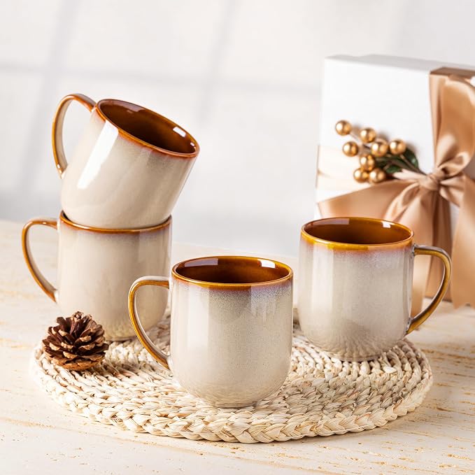 LERATIO 12OZ Ceramic Coffee Mugs Set of 6, Large Porcelain Coffee Cups With Large Handle For Latte,Cappuccino,Milk,Cocoa,|Dishwasher&Microwave Safe Mug Sets,Ideal for Man,Woman,Dad, Mom-Kahki